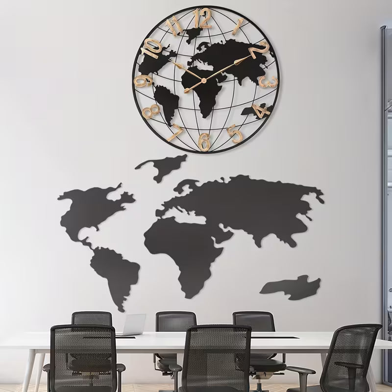 World map wall clock with world map cutout on a white wall above a conference table.