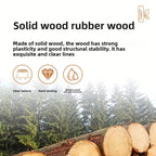 Advertisement for solid wood rubber wood with text and icons on a blurred forest background.