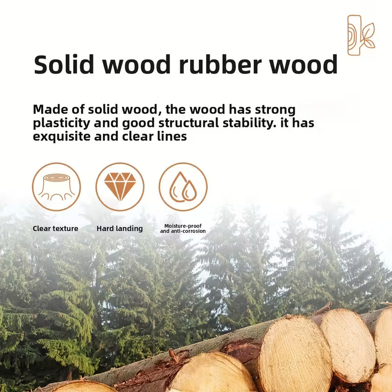 Advertisement for solid wood rubber wood with text and icons on a blurred forest background.