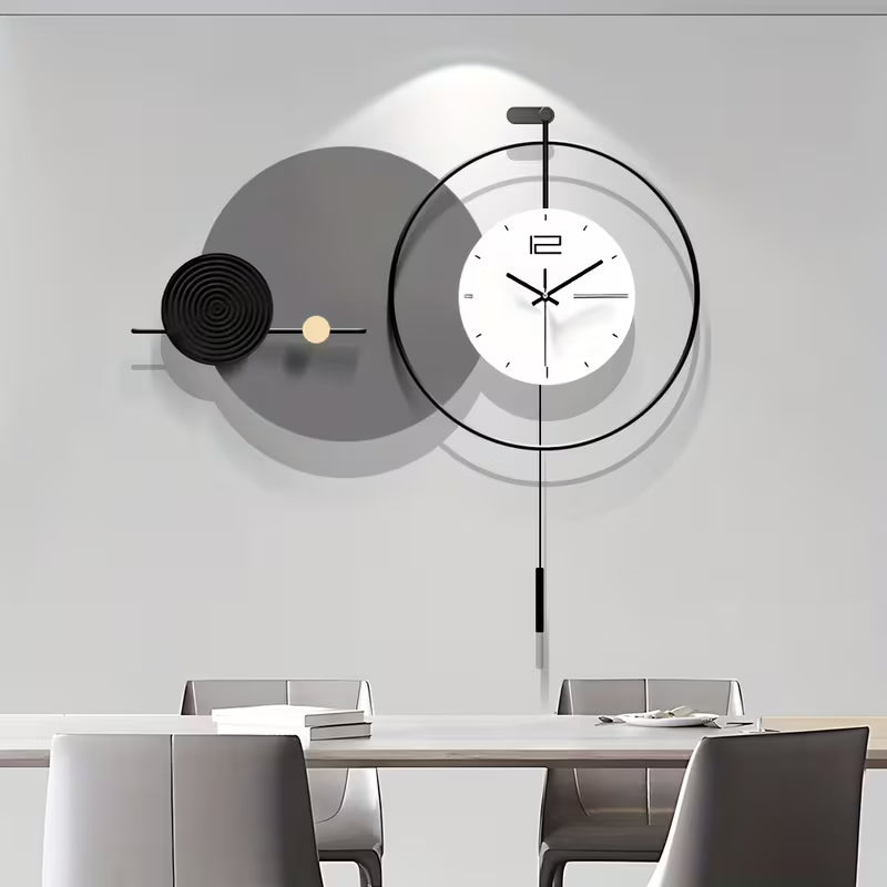 Modern wall clock with a minimalistic design in a dining room setting.