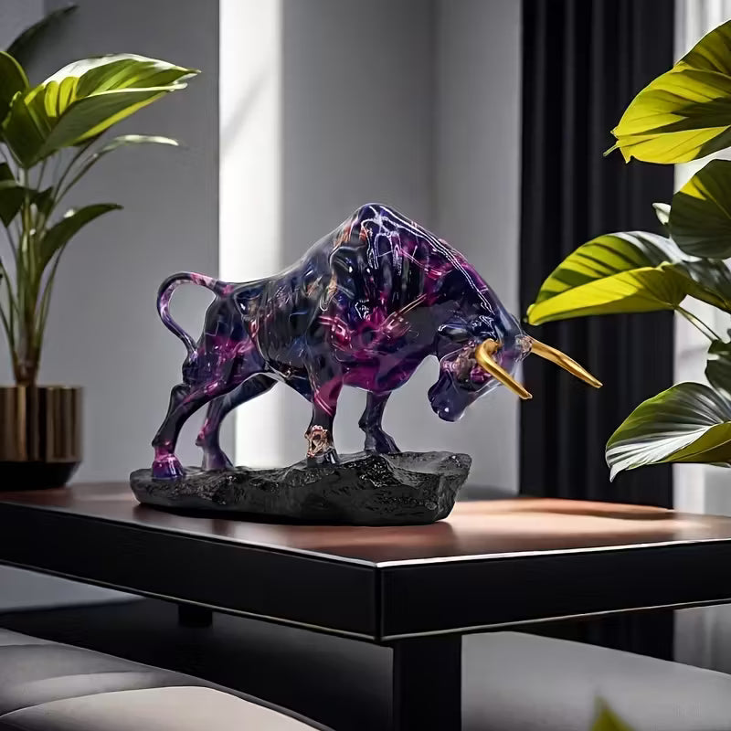 resin bull statue, purple bull figurine, Wall Street bull decor, wealth symbol statue, office desk sculpture, modern home decor bull, golden horns bull statue, motivational finance décor