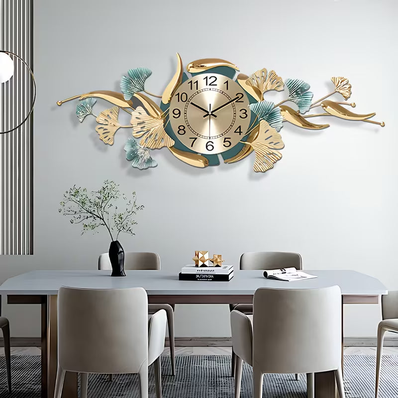 Decorative wall clock with floral design in a dining room setting