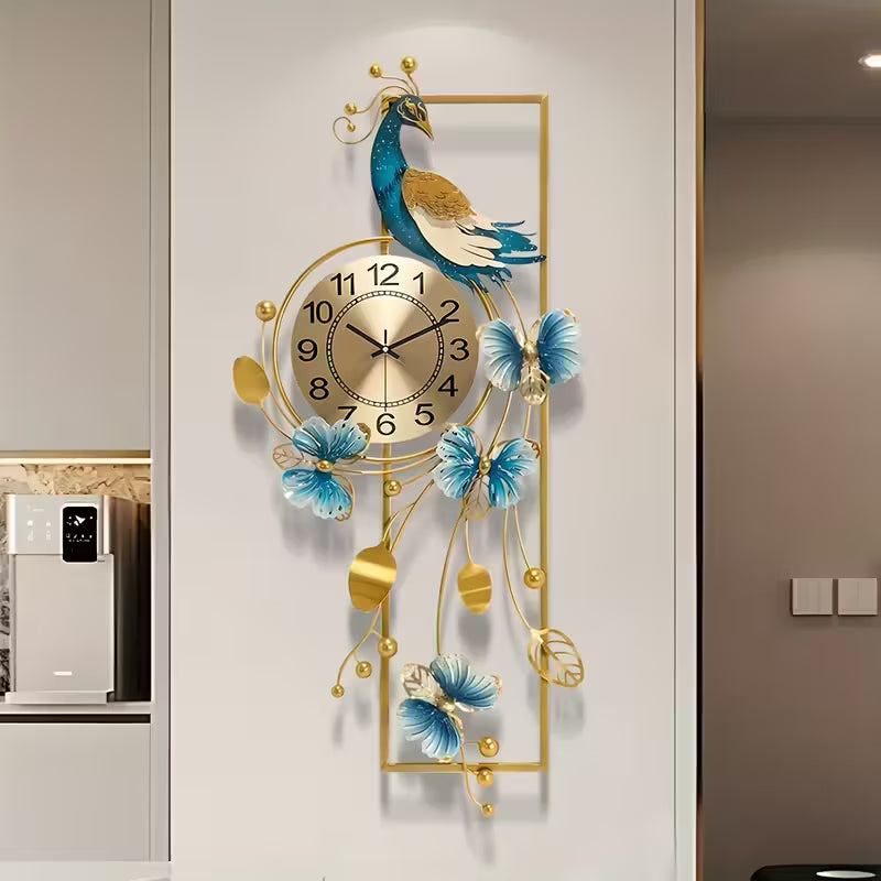 Elegant Peacock & Butterfly Metal Wall Clock – Silent Non-Ticking Luxury Wall Decor with Golden Accents 34.6"