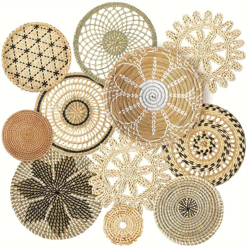 Collection of woven coasters with various patterns on a white background