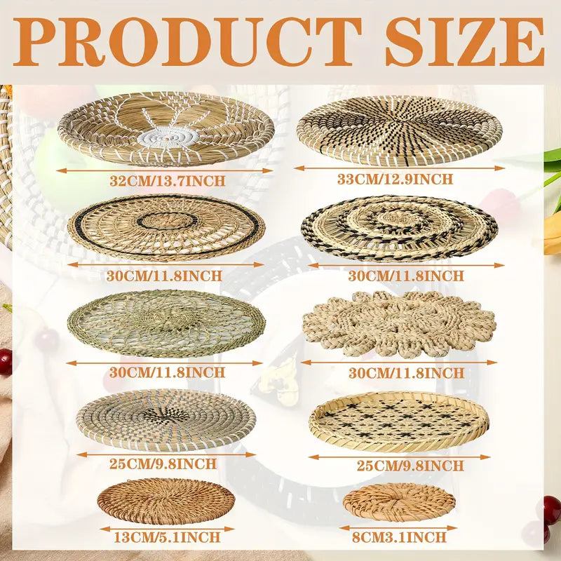 Comparison chart of various woven placemats with measurements in centimeters and inches.