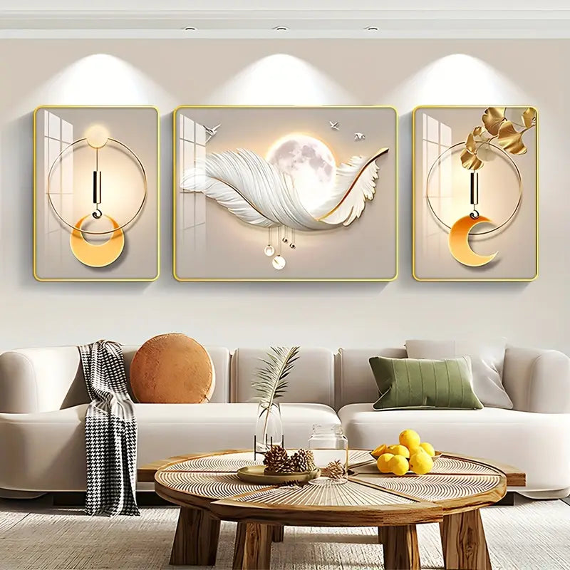 Decorative wall art with abstract designs in a living room setting.