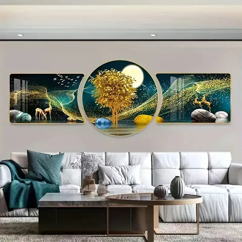Elk Fortune Tree Triptych Wall Art – 3-Piece HD 3D Prints with Resin Black Frame, Waterproof Decor for Living Room & Bedroom
