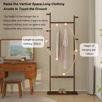 Clothing rack with text explaining its features in a room setting.