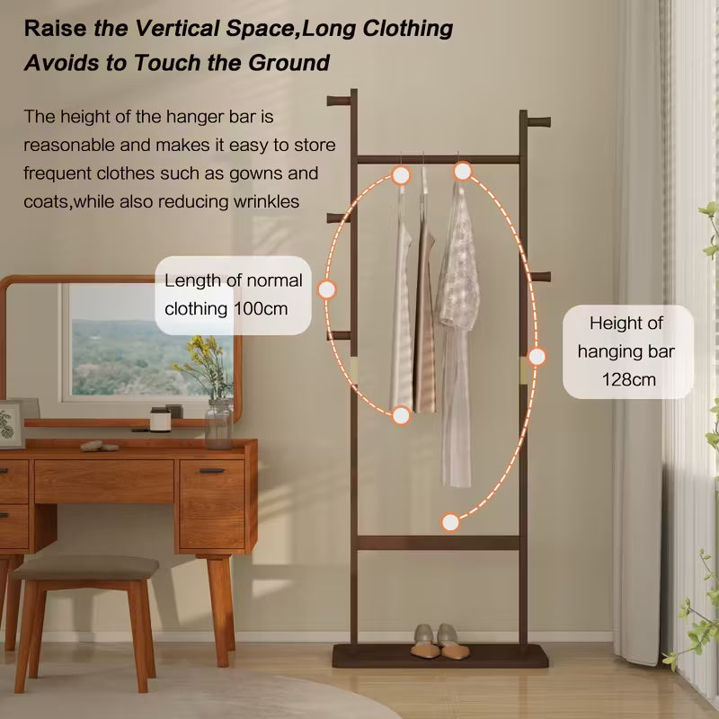 Clothing rack with text explaining its features in a room setting.
