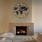 World map clock above a fireplace in a living room setting
