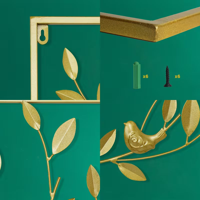 Gold decorative wall art with leaves and a bird on a green background