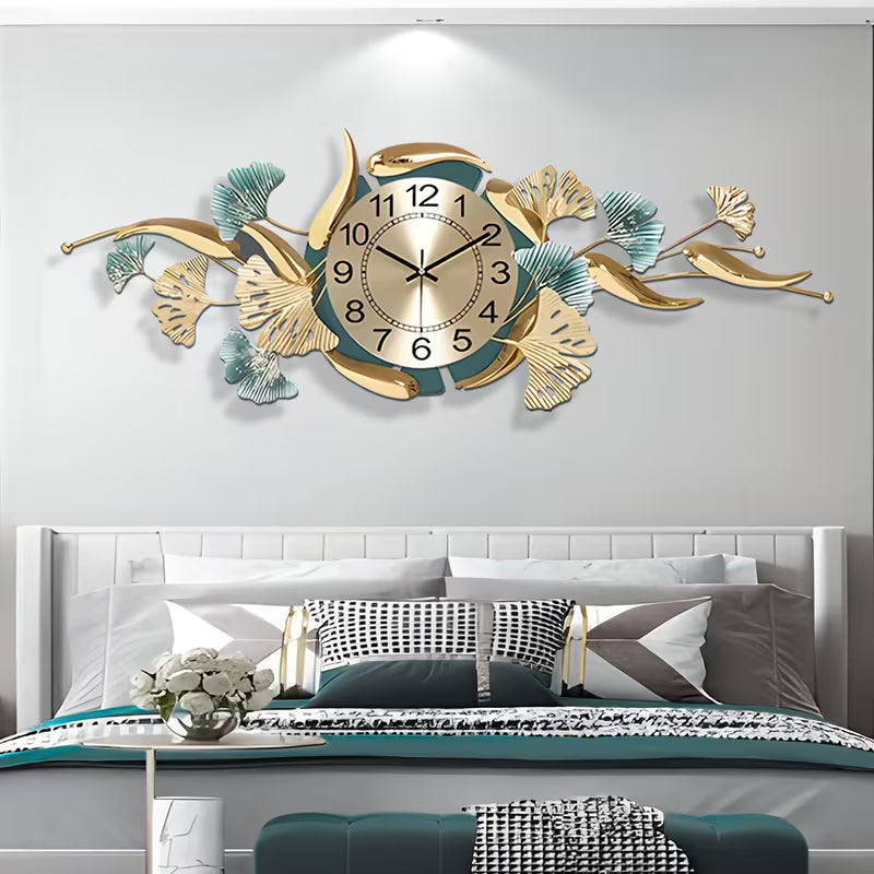 Decorative wall clock with floral designs above a bed in a bedroom setting