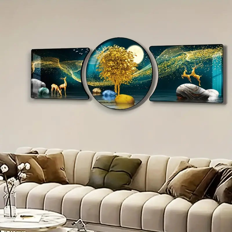 Elk Fortune Tree Triptych Wall Art – 3-Piece HD 3D Prints with Resin Black Frame, Waterproof Decor for Living Room & Bedroom