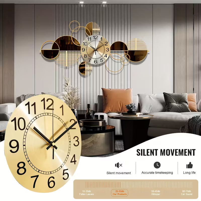 Gold wall clock with decorative elements in a living room setting