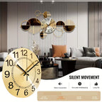 Gold wall clock with decorative elements in a living room setting