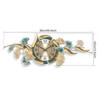 Decorative wall clock with floral designs and measurements on a white background