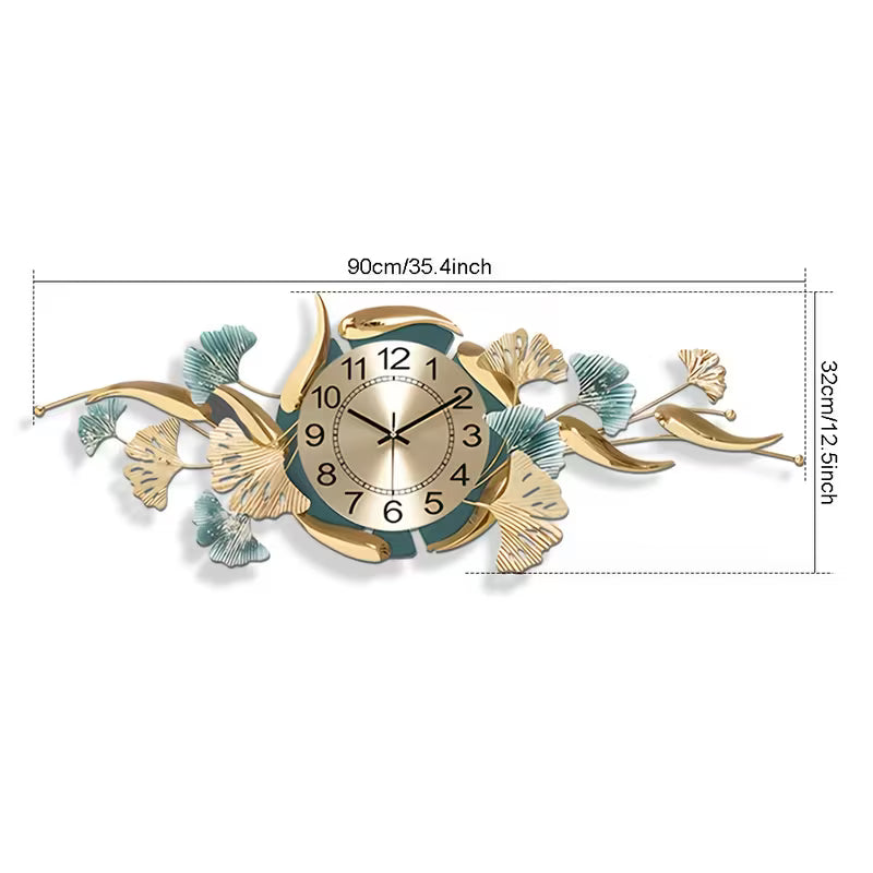 Decorative wall clock with floral designs and measurements on a white background