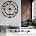 Decorative wall clock on a white wall with a living room background