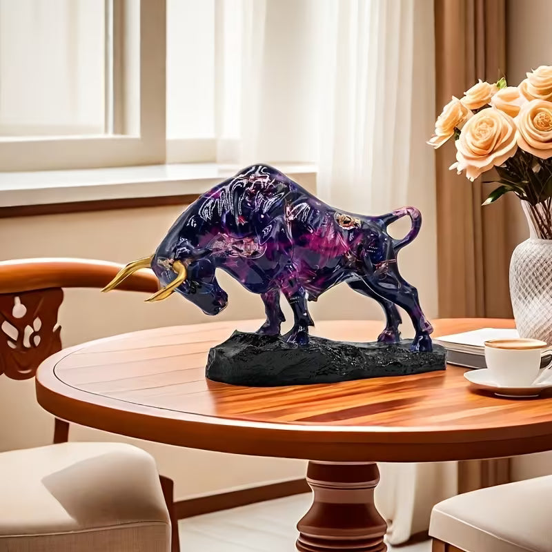 resin bull statue, purple bull figurine, Wall Street bull decor, wealth symbol statue, office desk sculpture, modern home decor bull, golden horns bull statue, motivational finance décor