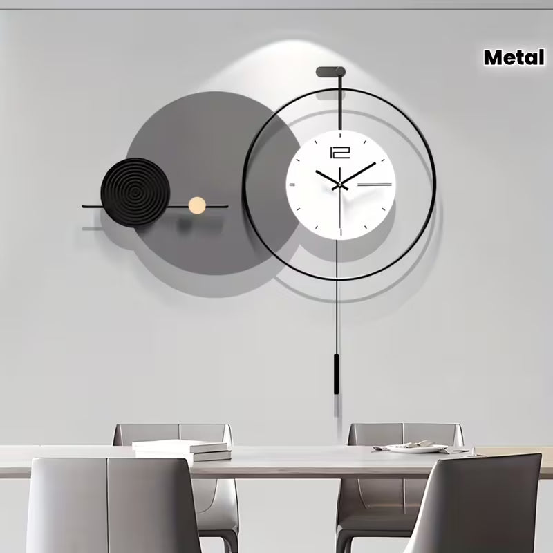 Modern wall clock with metal design in a dining room setting