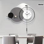 Modern wall clock with metal design in a dining room setting