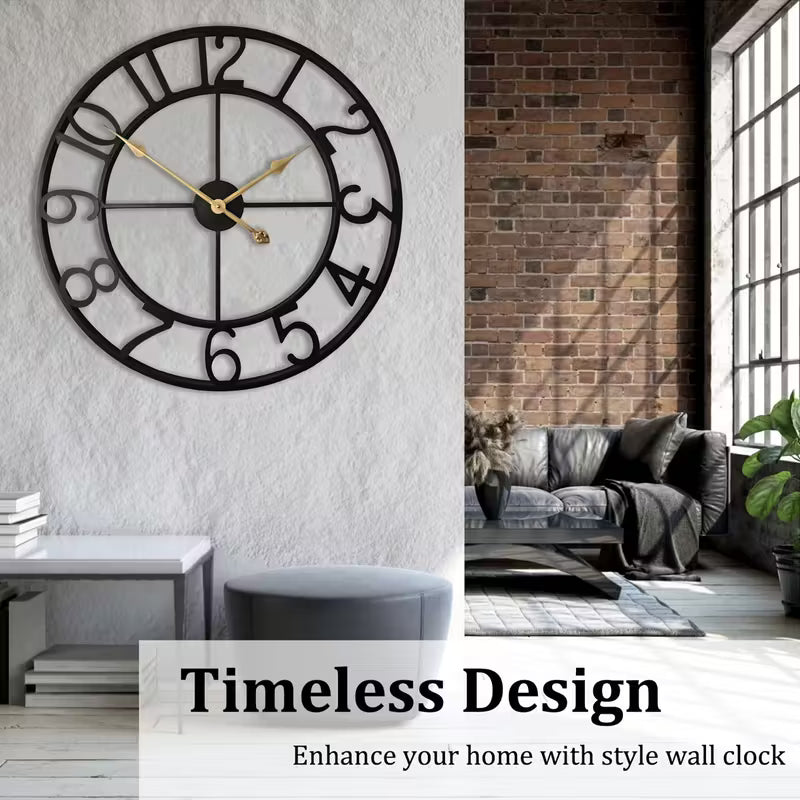 Decorative wall clock on a white wall with a living room background