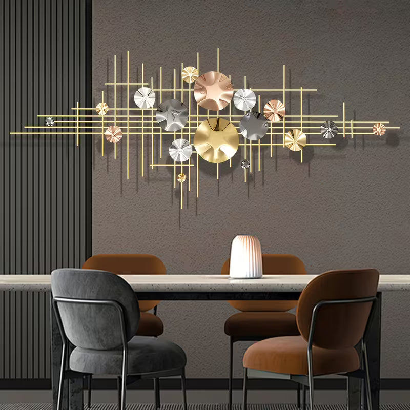 Modern dining room with a decorative wall art piece above a table and chairs.