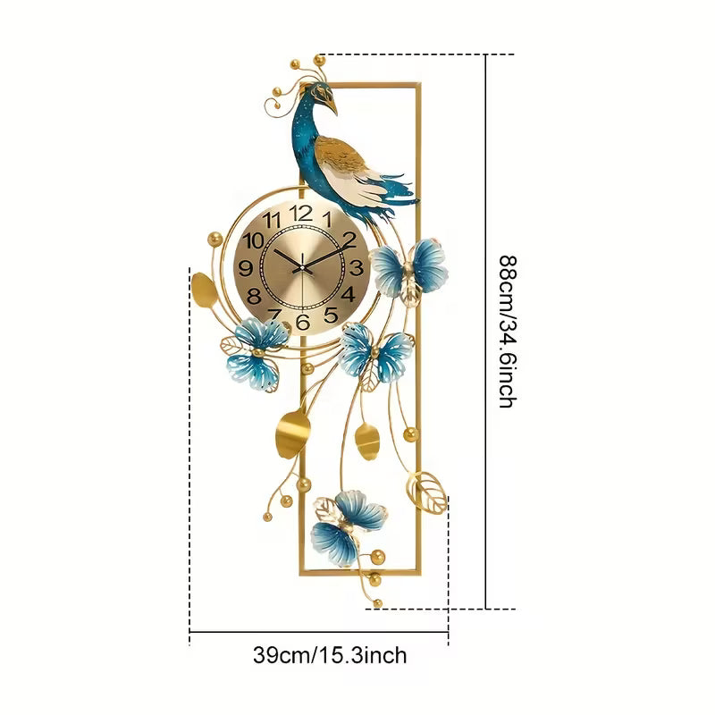 Elegant Peacock & Butterfly Metal Wall Clock – Silent Non-Ticking Luxury Wall Decor with Golden Accents 34.6"