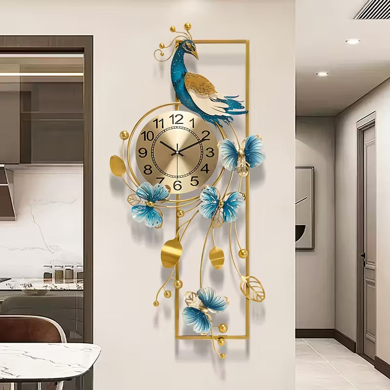Elegant Peacock & Butterfly Metal Wall Clock – Silent Non-Ticking Luxury Wall Decor with Golden Accents 34.6"