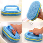 Collage of a blue scrubber with a handle being used in various settings.