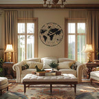 Living room with beige sofa, ottoman, and world map wall decoration.