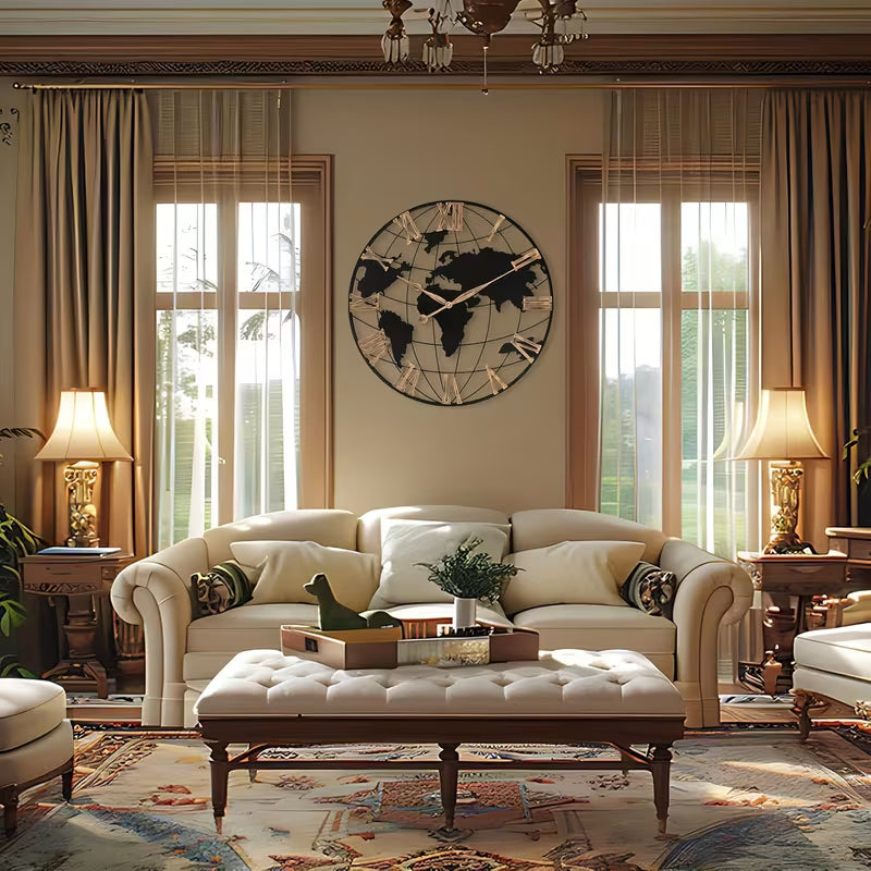 Living room with beige sofa, ottoman, and world map wall decoration.