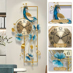 Elegant Peacock & Butterfly Metal Wall Clock – Silent Non-Ticking Luxury Wall Decor with Golden Accents 34.6"