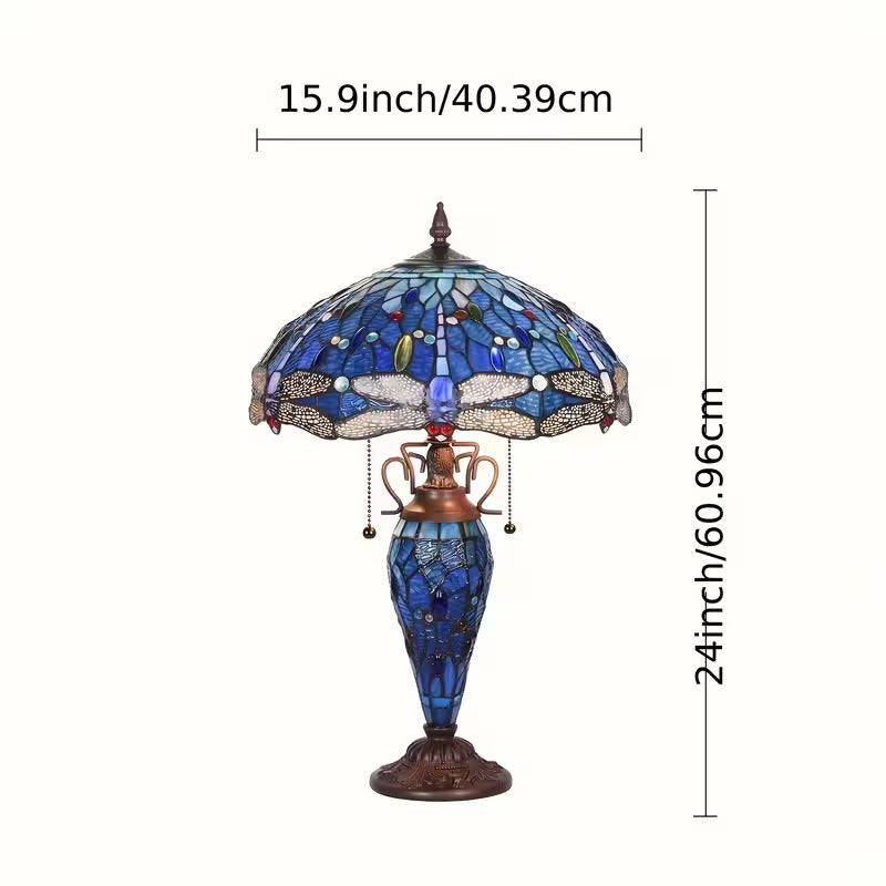 Tiffany-style table lamp with stained glass shade and measurements on a white background