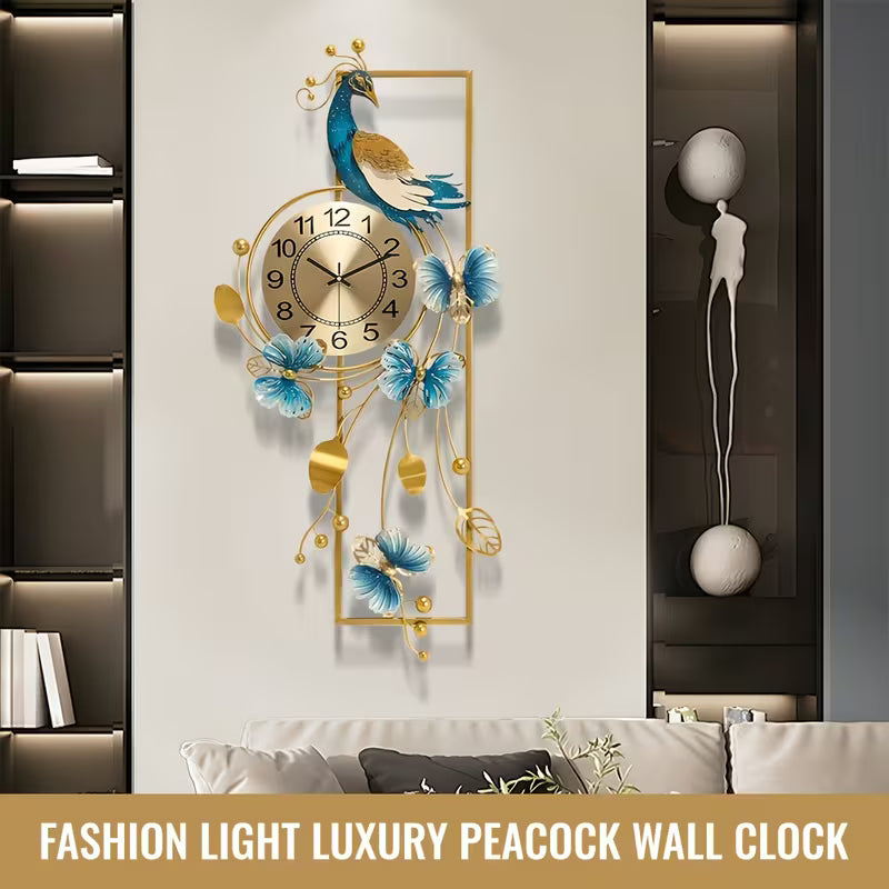 Elegant Peacock & Butterfly Metal Wall Clock – Silent Non-Ticking Luxury Wall Decor with Golden Accents 34.6"