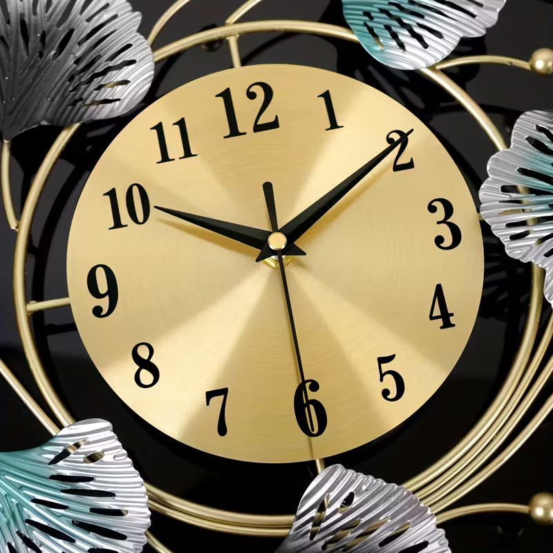 Gold clock face with black numbers and hands against a decorative background