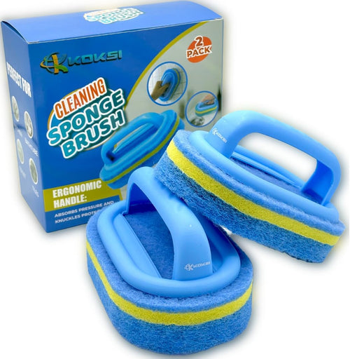 Two blue cleaning sponge brushes with a KOKSI box in the background.