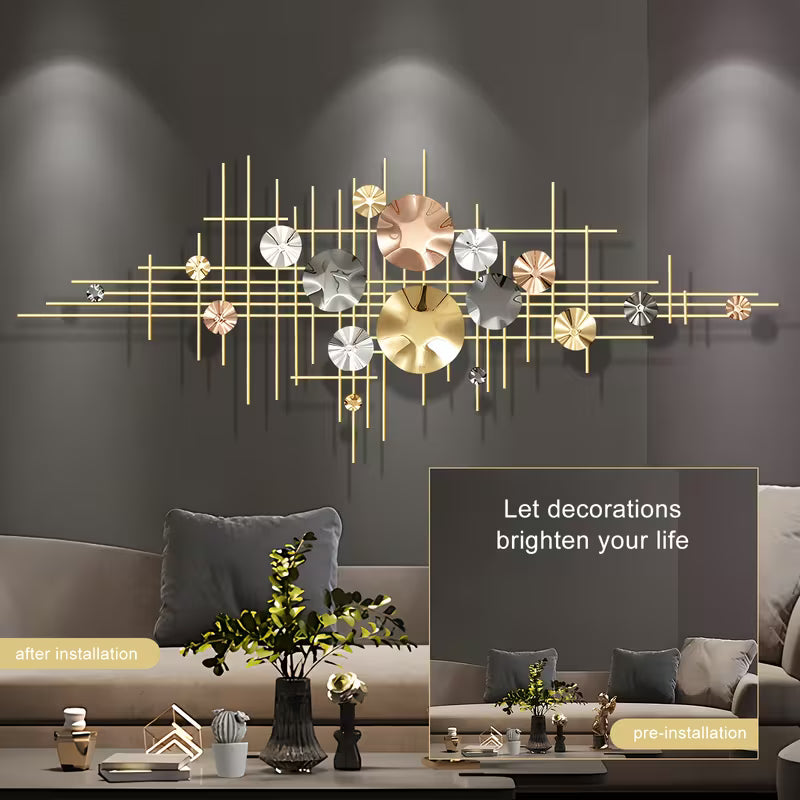 Decorative wall art installation in a living room with text 'Let decorations brighten your life'.