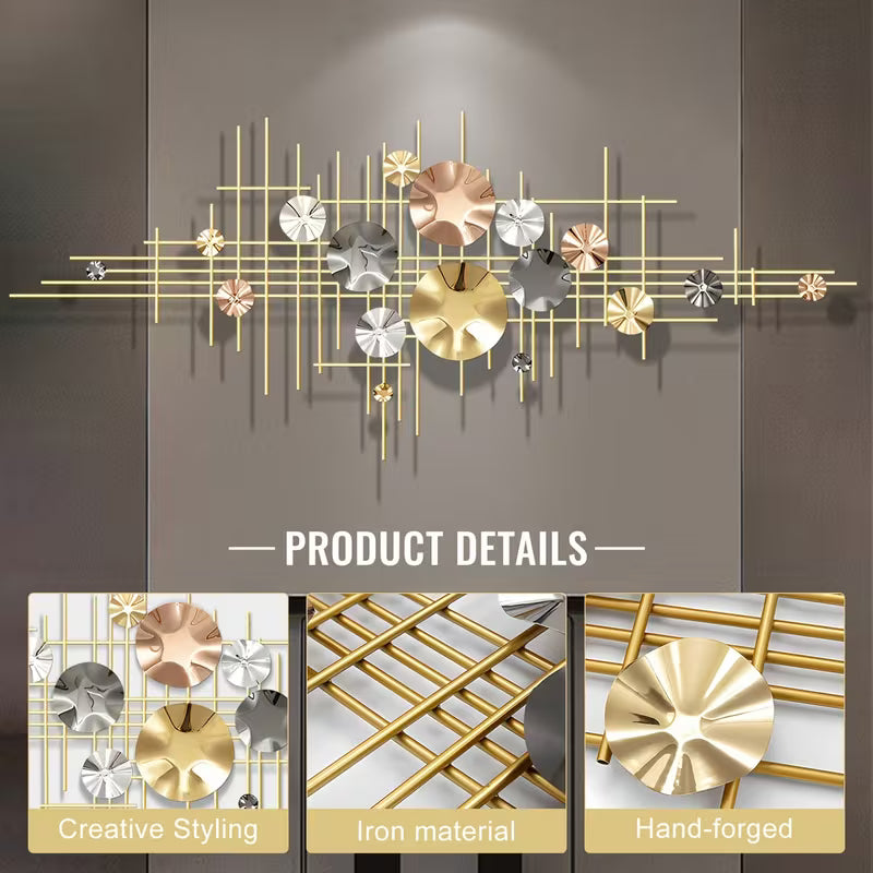 Decorative wall art with geometric design on a gray background, featuring iron material and hand-forged details.