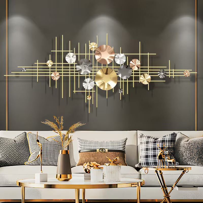 Modern living room with decorative wall art, sofa, and coffee table.