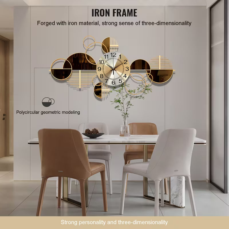 Modern wall clock with iron frame in a dining room setting