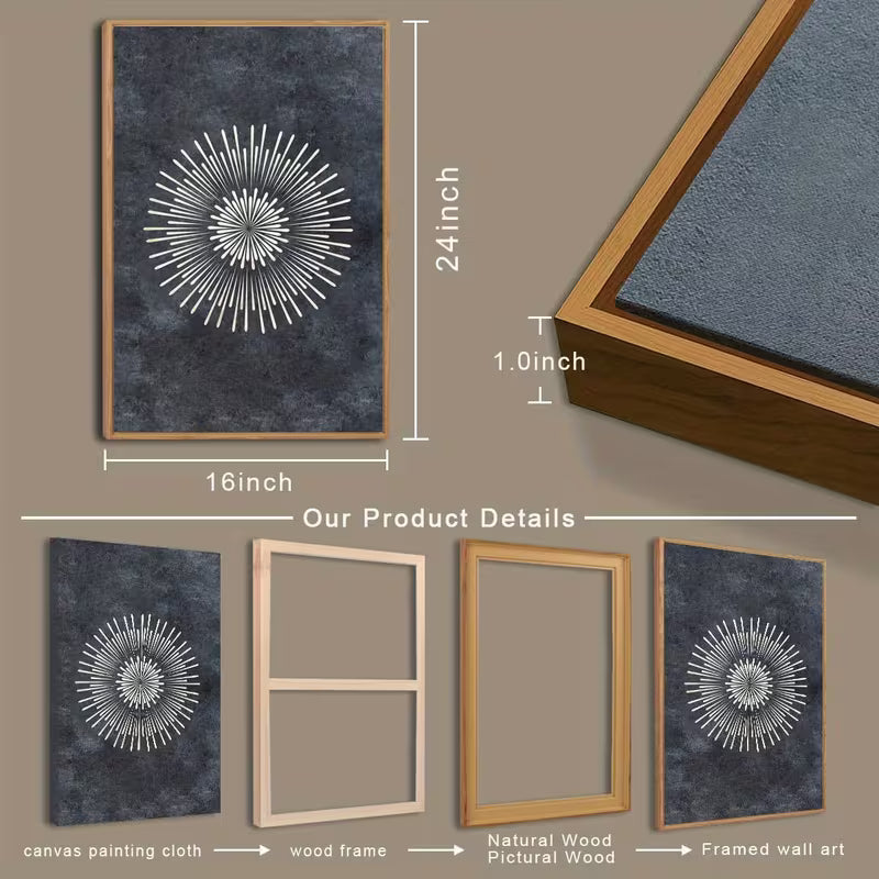 Framed wall art with measurements and product details on a beige background