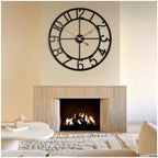 Decorative wall clock above a fireplace in a living room setting