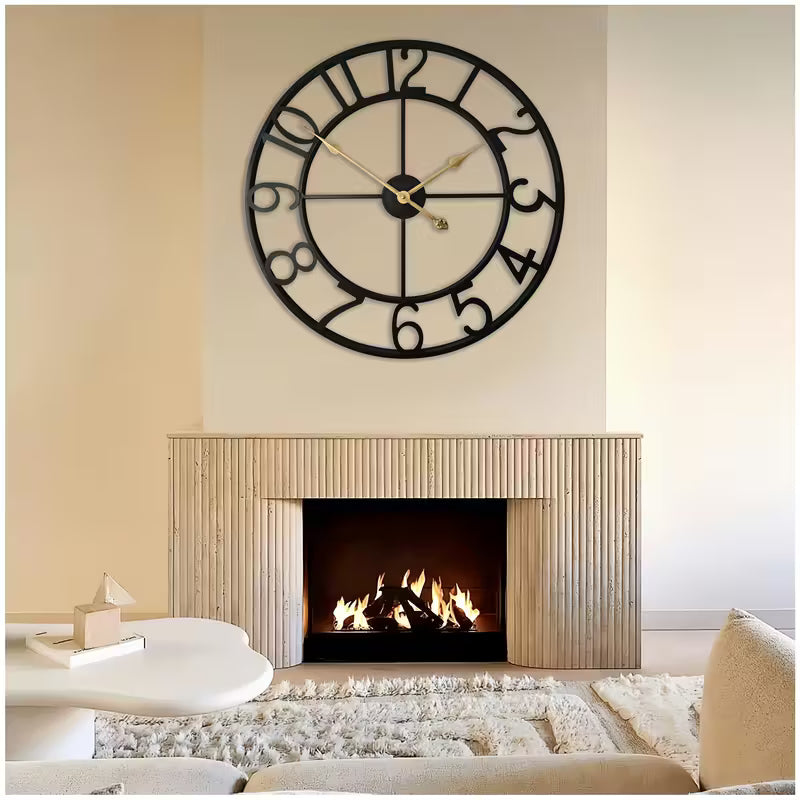 Decorative wall clock above a fireplace in a living room setting