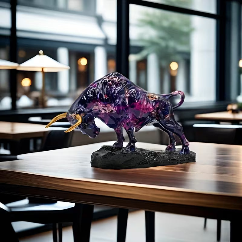 resin bull statue, purple bull figurine, Wall Street bull decor, wealth symbol statue, office desk sculpture, modern home decor bull, golden horns bull statue, motivational finance décor