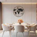 Modern dining room with a world map clock on the wall