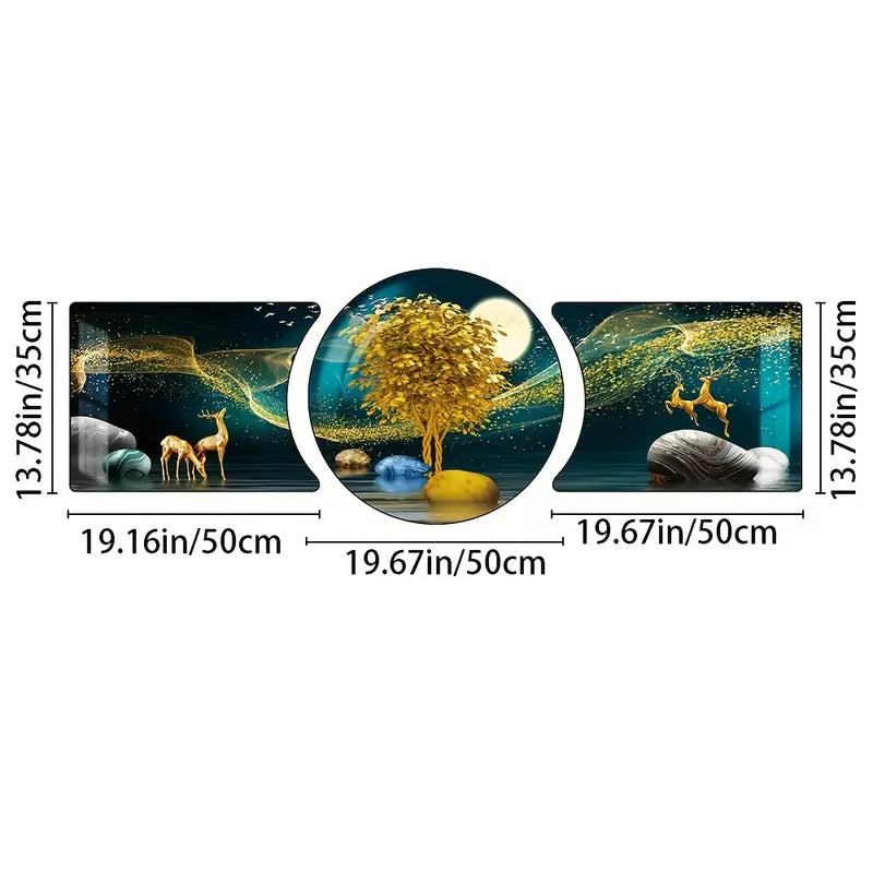 Elk Fortune Tree Triptych Wall Art – 3-Piece HD 3D Prints with Resin Black Frame, Waterproof Decor for Living Room & Bedroom