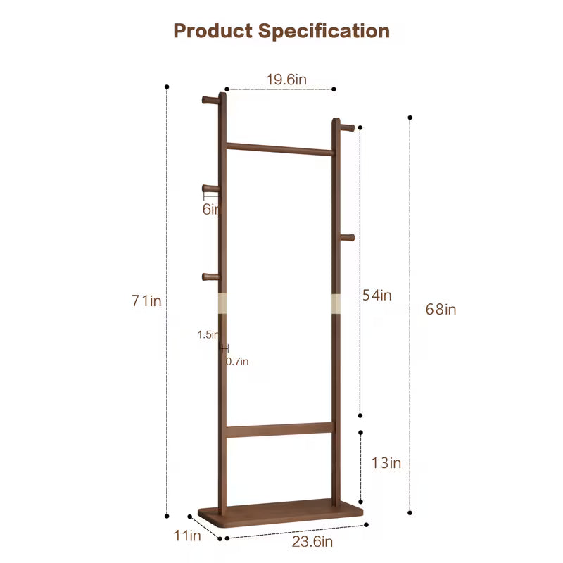 Wooden coat rack with dimensions labeled on a white background