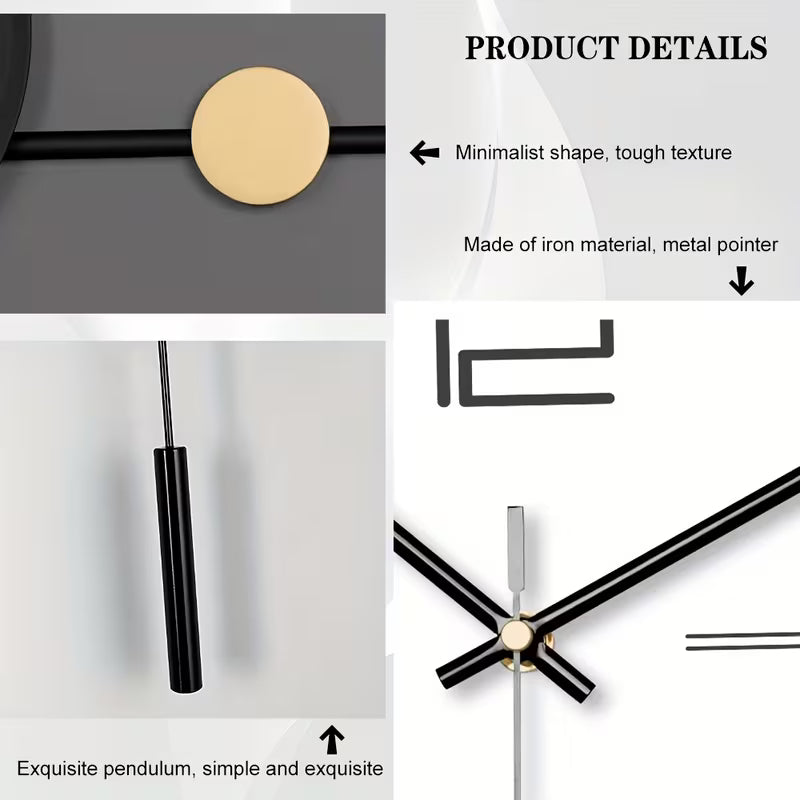 Collage of a wall clock with product details on a white background