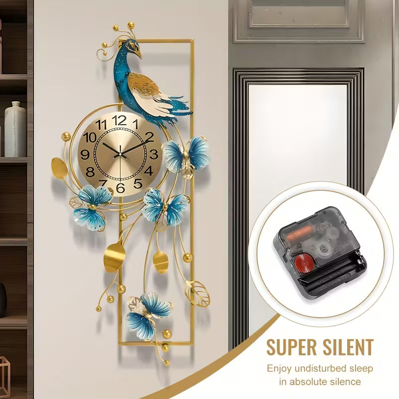 Elegant Peacock & Butterfly Metal Wall Clock – Silent Non-Ticking Luxury Wall Decor with Golden Accents 34.6"